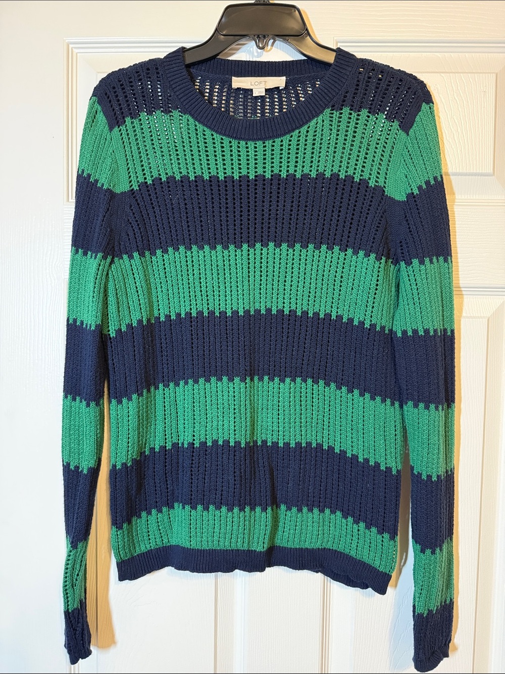 LOFT Navy and Green Striped Open-Knit Crewneck Sweater